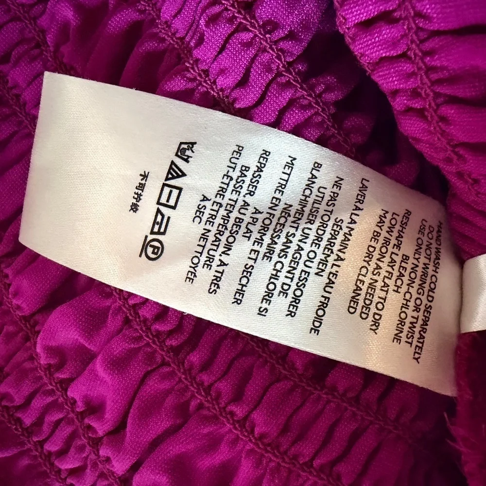 Anthropologie Magenta Pink Rose Smocked Velvet Puff Sleeve Peasant Blouse, M